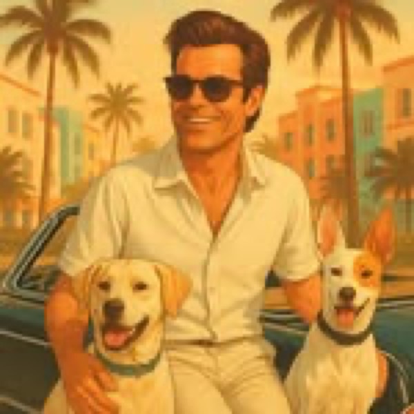 Illustrated portrait of Ryan Beckett with Sailor and Elsa in Palm Beach